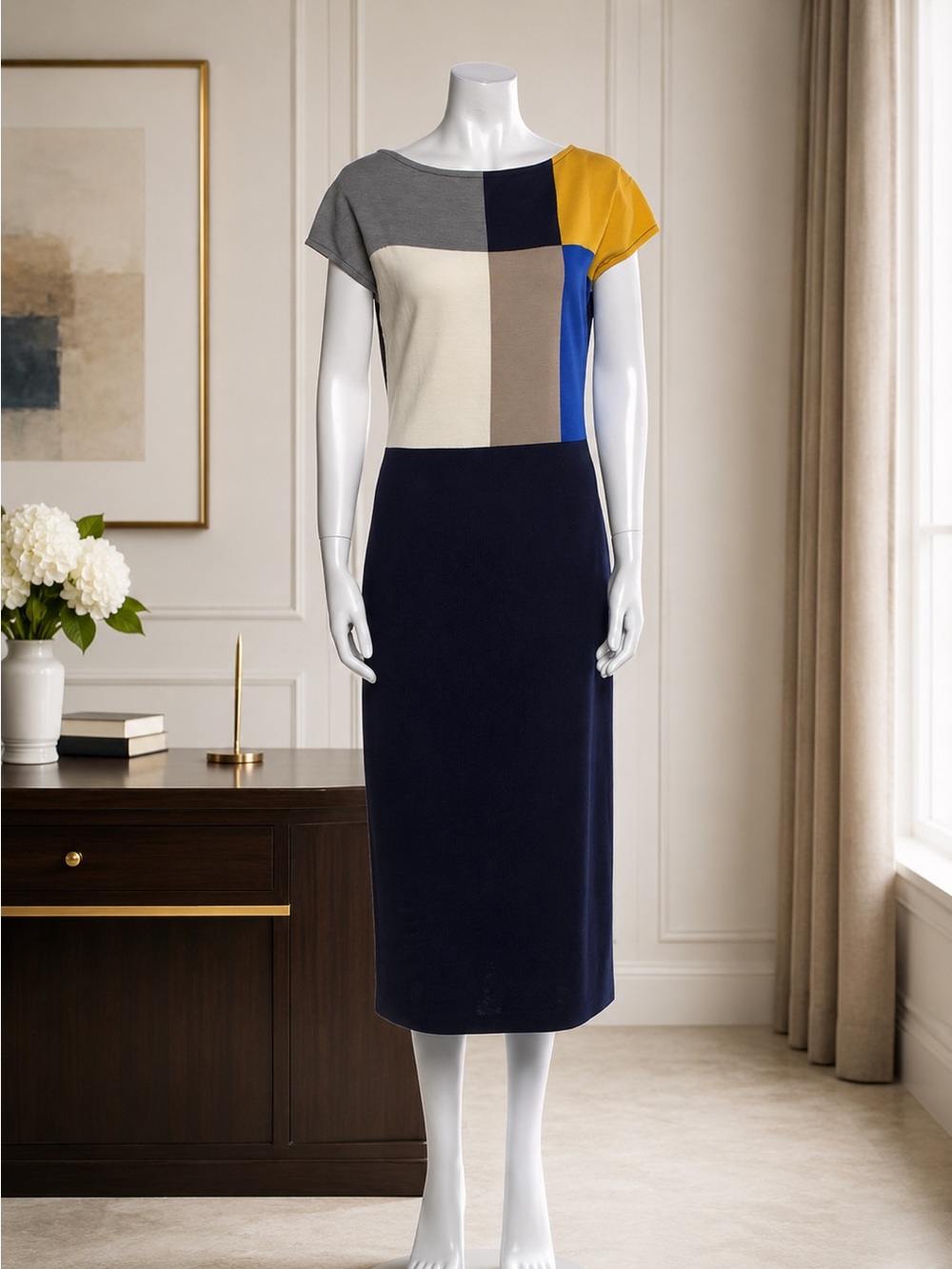 Classic St. John Colorblock Cap-Sleeve Midi in Navy & Mustard Sheath Dress Sz 4